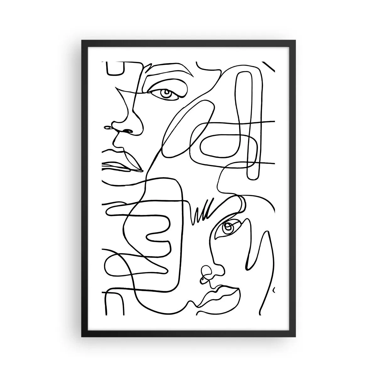 Plakat w czarnej ramie - Abstrakcyjne twarze narysowane jedną linią - 50x70cm - W splątanych emocjach - Nowoczesna dekoracja ścienna do salonu i sypialni ARTTOR