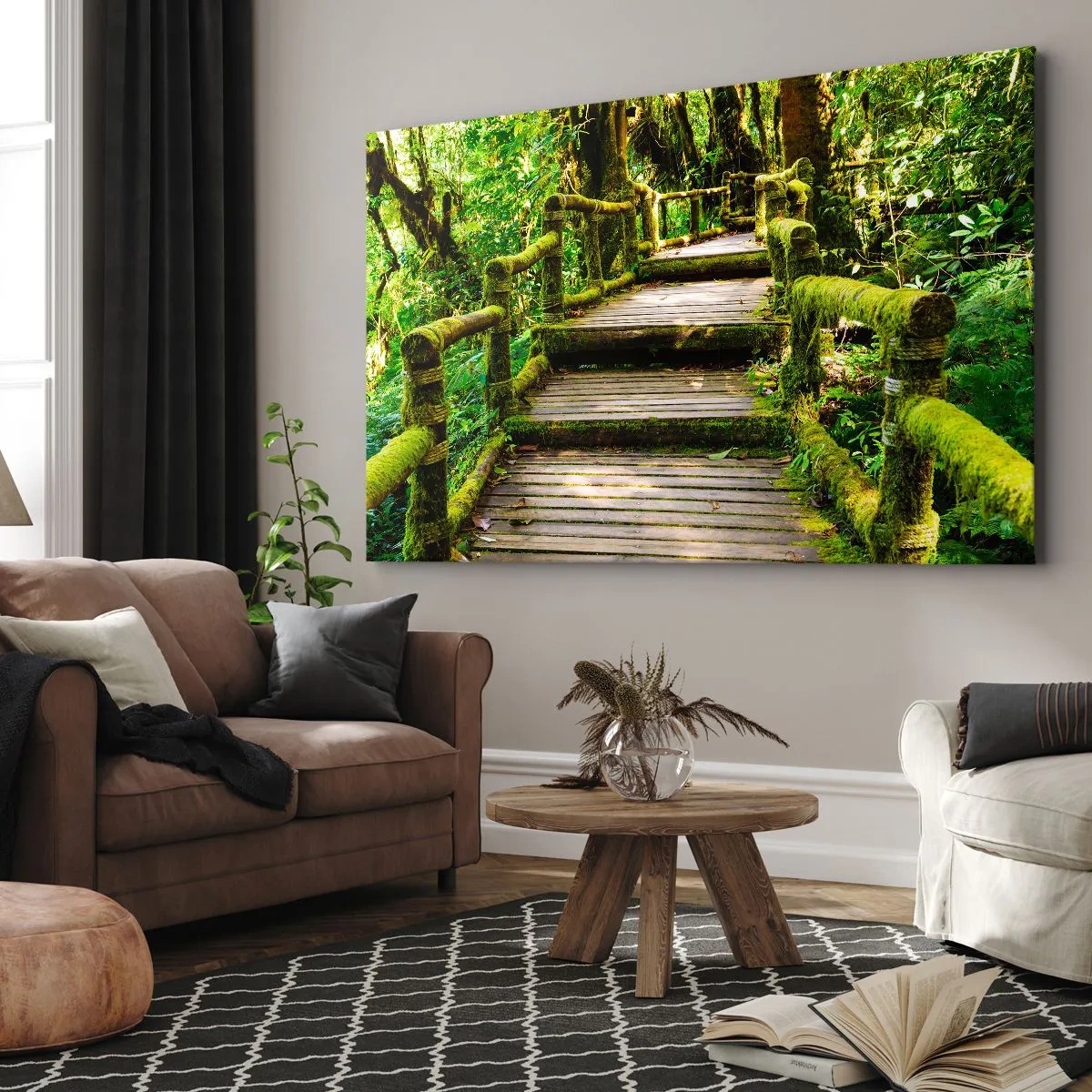 Obraz na płótnie - Drewniany most porośnięty mchem w tropikalnym lesie deszczowym - 70x50cm - Korytarzem zieleni - Nowoczesna dekoracja ścienna do salonu i sypialni ARTTOR
