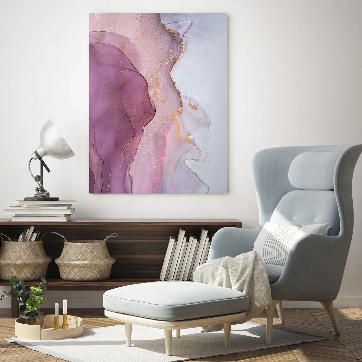 Obraz na szkle - Abstrakcyjne fale w odcieniach fioletu z akcentami złota - 50x70cm - Fale lila i fioletu - Nowoczesna dekoracja ścienna do salonu, kuchni i sypialni ARTTOR