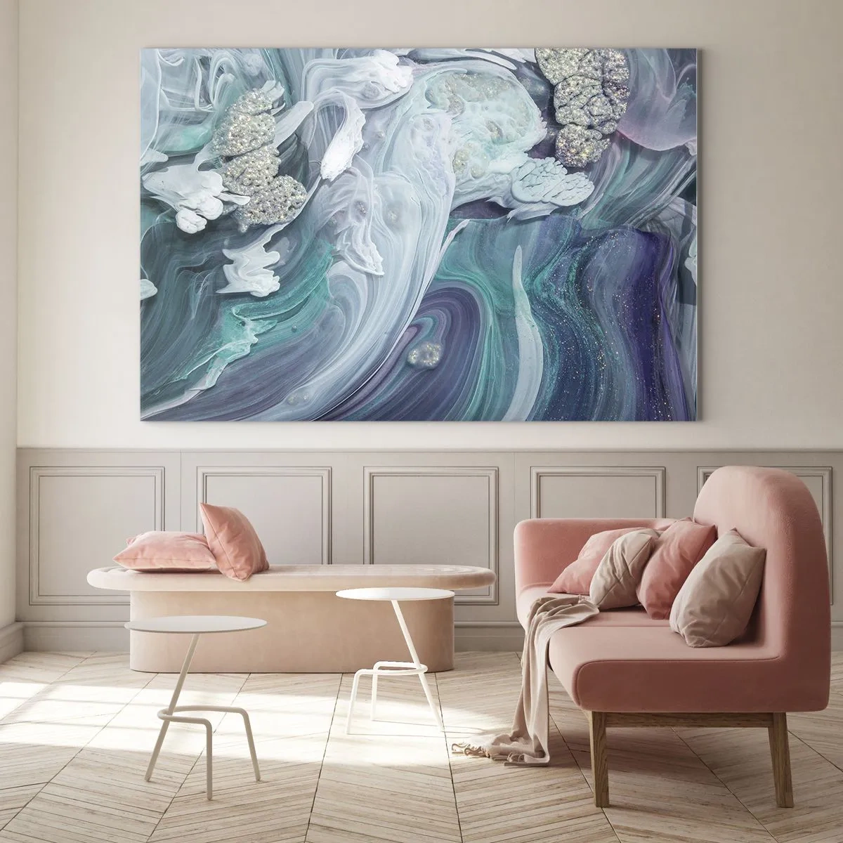 Obraz na szkle - Abstrakcyjna kompozycja w odcieniach błękitu, fioletu i bieli - 100x70cm - Nurty błękitu - Nowoczesna dekoracja ścienna do salonu, kuchni i sypialni ARTTOR