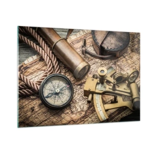 Obraz na szkle - Kompas, mapa i przyrządy nawigacyjne w stylu retro - 100x70cm - Wyznacz kurs - Nowoczesna dekoracja ścienna do salonu, kuchni i sypialni ARTTOR