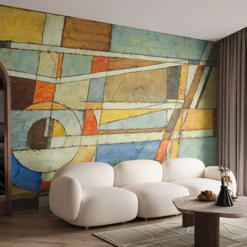 Fototapeta Premium Canvas - Geometryczna abstrakcja w odcieniach beżu, błękitu i pomarańczy - 100x70cm - Kubizm na budowie - Nowoczesna dekoracja ścienna do salonu i sypialni ARTTOR
