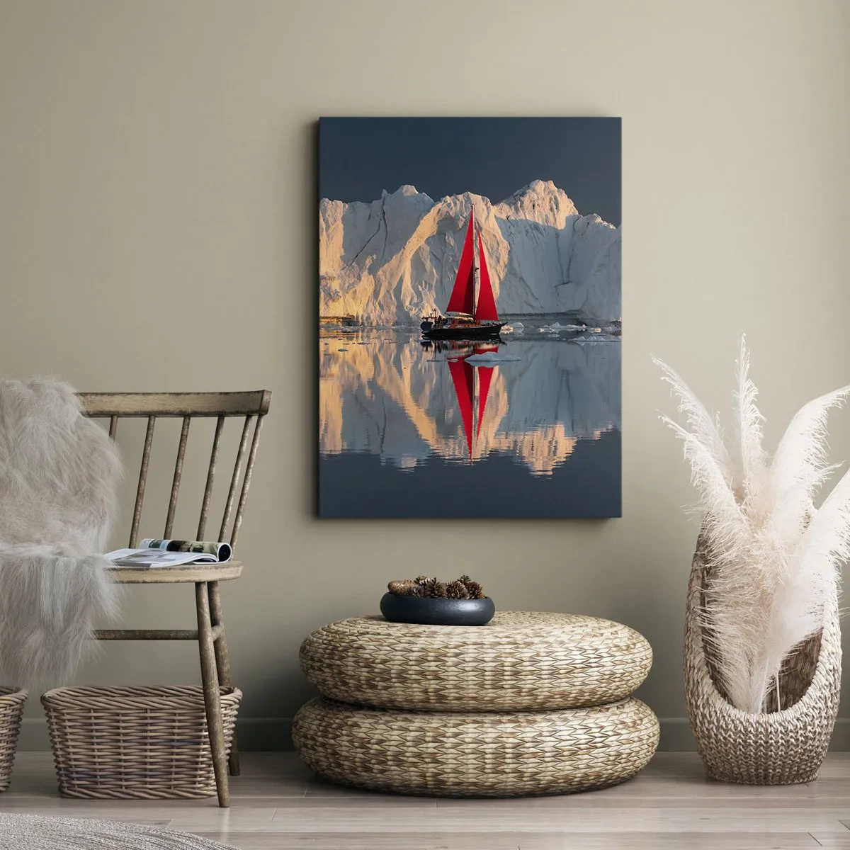 Obraz na płótnie - Żaglówka z czerwonym żaglem na tle lodowca - 70x100cm - Na krańcu świata - Nowoczesna dekoracja ścienna do salonu i sypialni ARTTOR