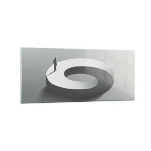 Obraz na szkle - Człowiek na szarej, abstrakcyjnej konstrukcji - 120x50cm - I bądź tu mądry - Nowoczesna dekoracja ścienna do salonu i sypialni ARTTOR