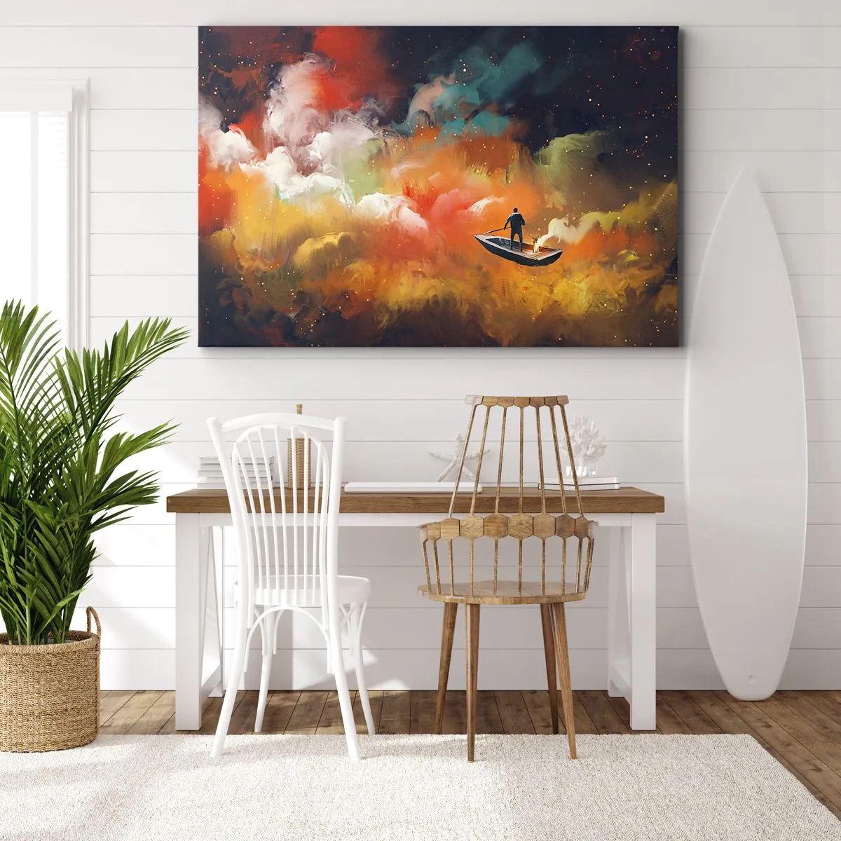 Obraz na płótnie - Postać w łodzi na tle kolorowych chmur - 70x50cm - Łodzią przez galaktykę - Nowoczesna dekoracja ścienna do salonu i sypialni ARTTOR