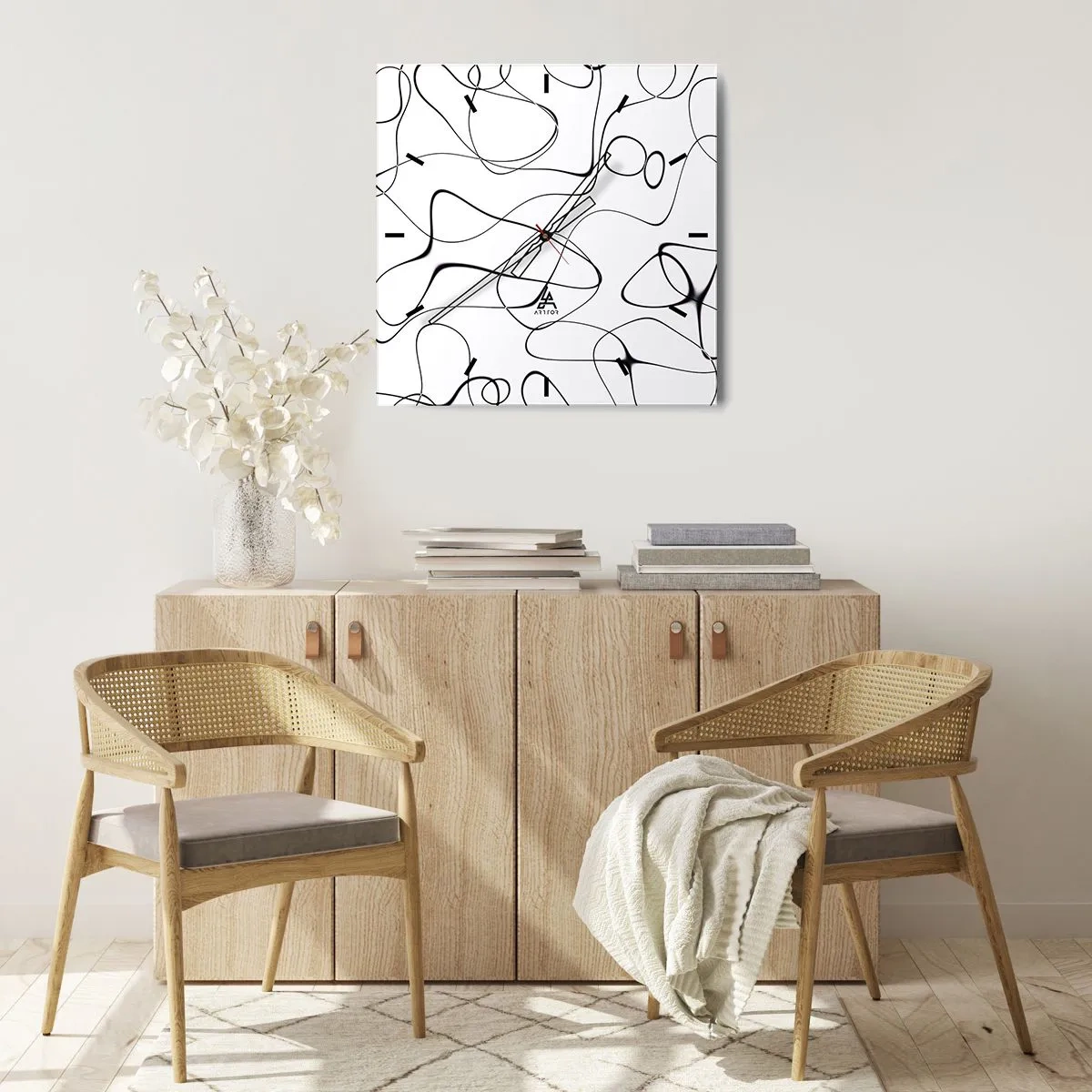Zegar ścienny - Abstrakcyjne czarne linie na białym tle w minimalistycznym stylu - 30x30cm - Ścieżki życia, koleje losu - Nowoczesna dekoracja ścienna do salonu i sypialni ARTTOR