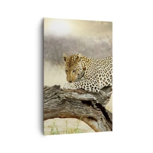 Obraz na płótnie - Leopard odpoczywający na pniu wśród sawanny - 80x120cm - Chadzam własnymi drogami - Nowoczesna dekoracja ścienna do salonu i sypialni ARTTOR