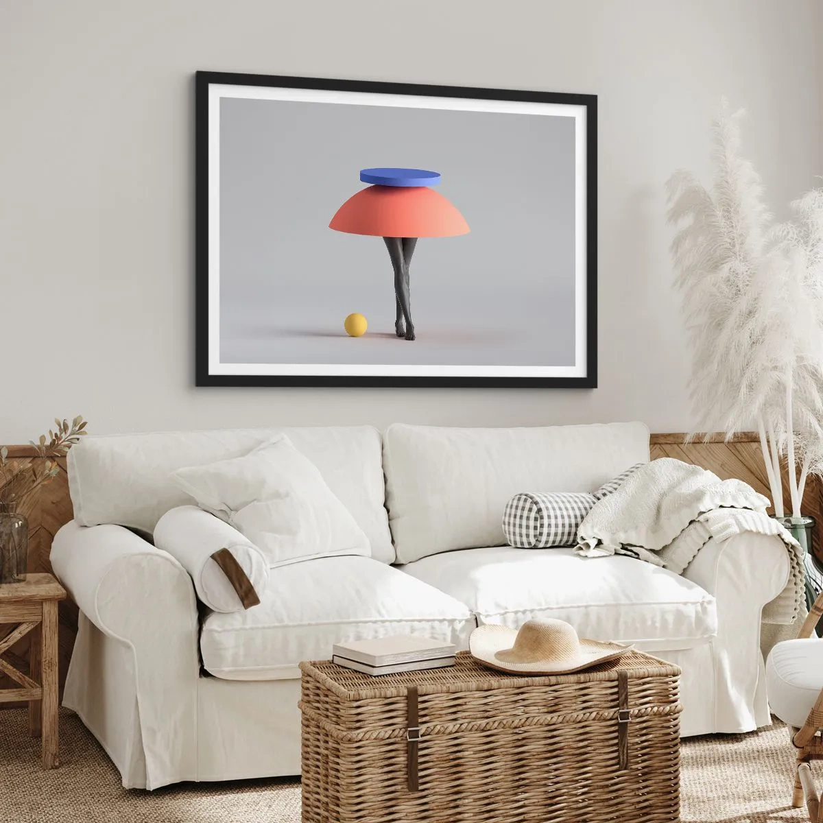 Plakat w czarnej ramie - Abstrakcyjna kompozycja geometryczna z nogami i kulą - 70x50cm - Kompozycja surrealistyczna - Nowoczesna dekoracja ścienna do salonu i sypialni ARTTOR