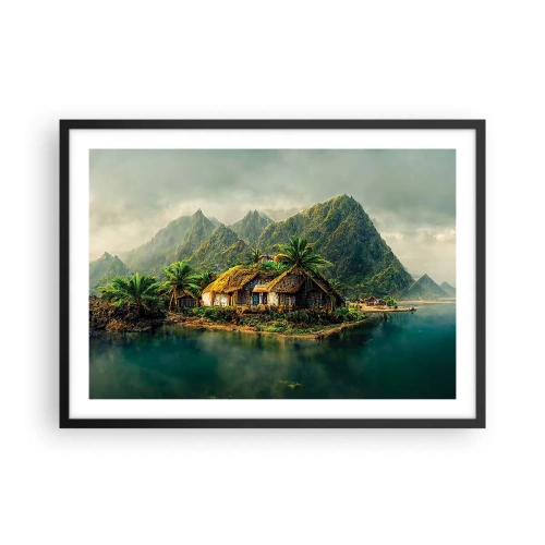 Plakat w czarnej ramie - Tropikalna wyspa z palmami i górami w tle - 70x50cm - Tropikalny raj - Nowoczesna dekoracja ścienna do salonu i sypialni ARTTOR