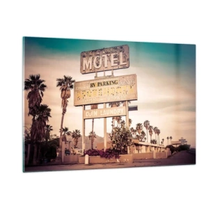 Obraz na szkle - Stary szyld motelu otoczony palmami w klimacie retro - 120x80cm - Tu czas się zatrzymał - Nowoczesna dekoracja ścienna do salonu, kuchni i sypialni ARTTOR