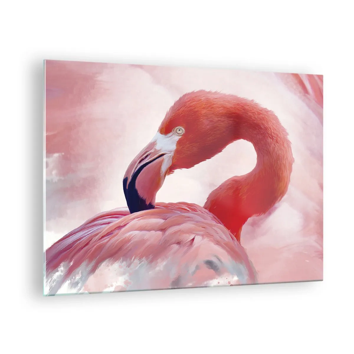 Obraz na szkle - Różowy flaming z gracją zwrócony w bok - 70x50cm - Ptasia uroda - Nowoczesna dekoracja ścienna do salonu i sypialni ARTTOR