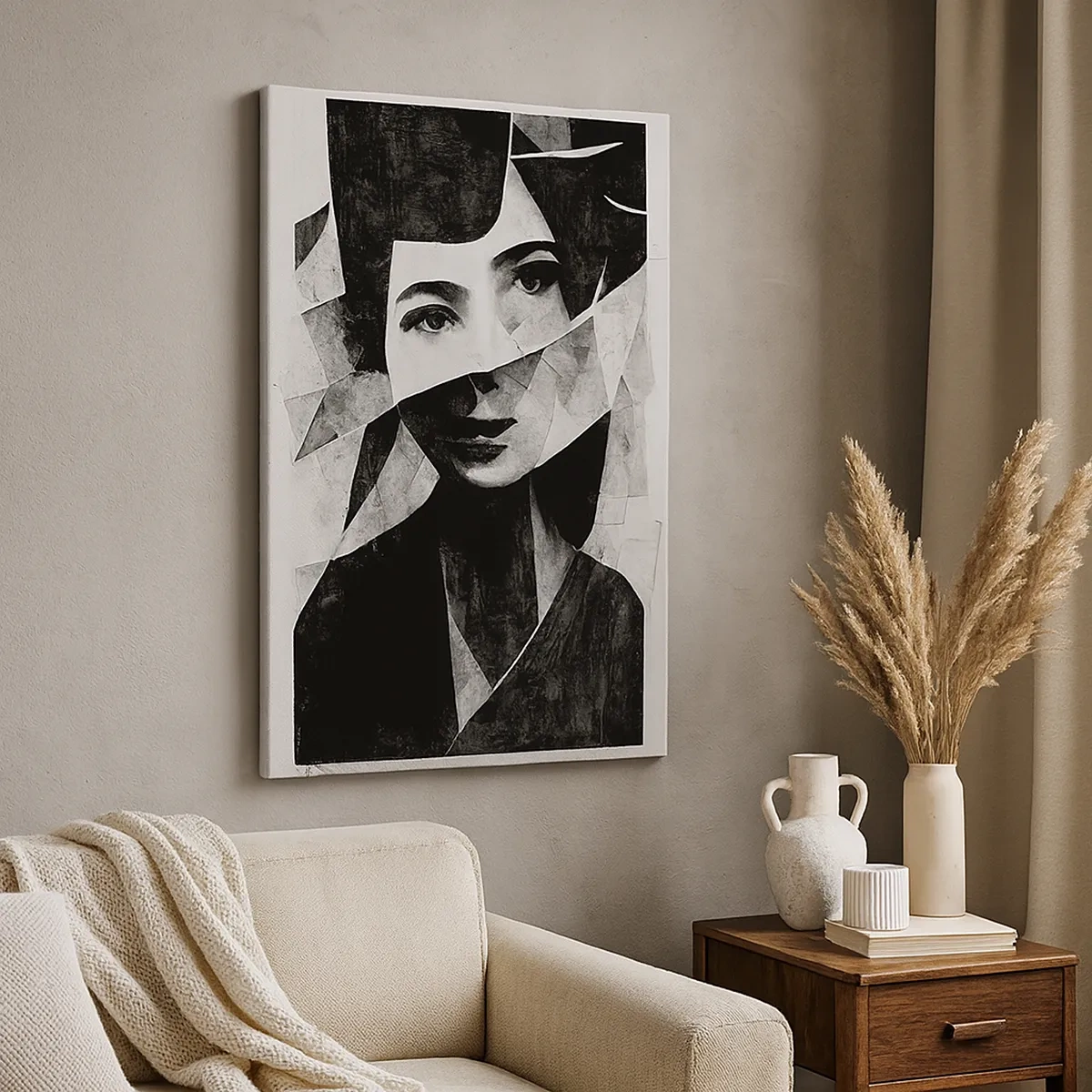 Obraz na płótnie - Abstrakcyjny czarno-biały portret kobiety o geometrycznej formie - 50x70cm - Naprawdę jaka jesteś… - Nowoczesna dekoracja ścienna do salonu, kuchni i sypialni ARTTOR