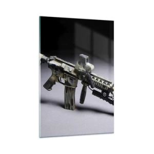Obraz na szkle - Nowoczesna broń w kolorze kamuflażu na ciemnym tle - 80x120cm - Zawsze grożny - Nowoczesna dekoracja ścienna do salonu i sypialni ARTTOR