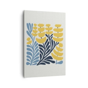Obraz na płótnie - Minimalistyczne żółte kwiaty i niebieskie liście w skandynawskim stylu - 70x100cm - Słoneczna rabata - Nowoczesna dekoracja ścienna do salonu i sypialni ARTTOR