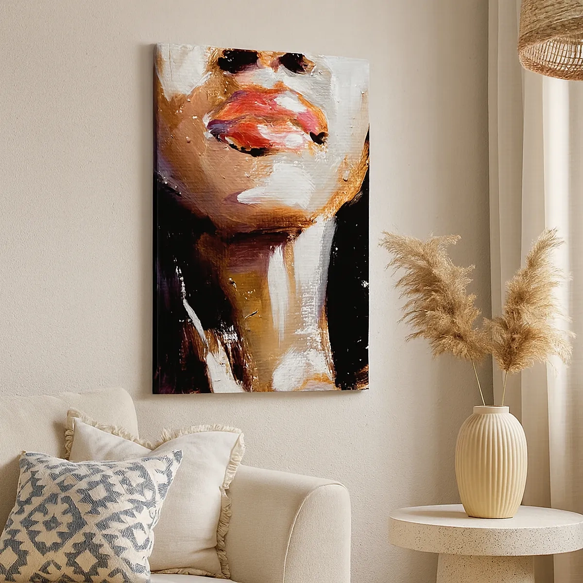 Obraz na płótnie - Abstrakcyjny portret kobiety z wyrazistymi ustami w stylu malarskim - 50x70cm - Duma bez uprzedzeń - Nowoczesna dekoracja ścienna do salonu, kuchni i sypialni ARTTOR