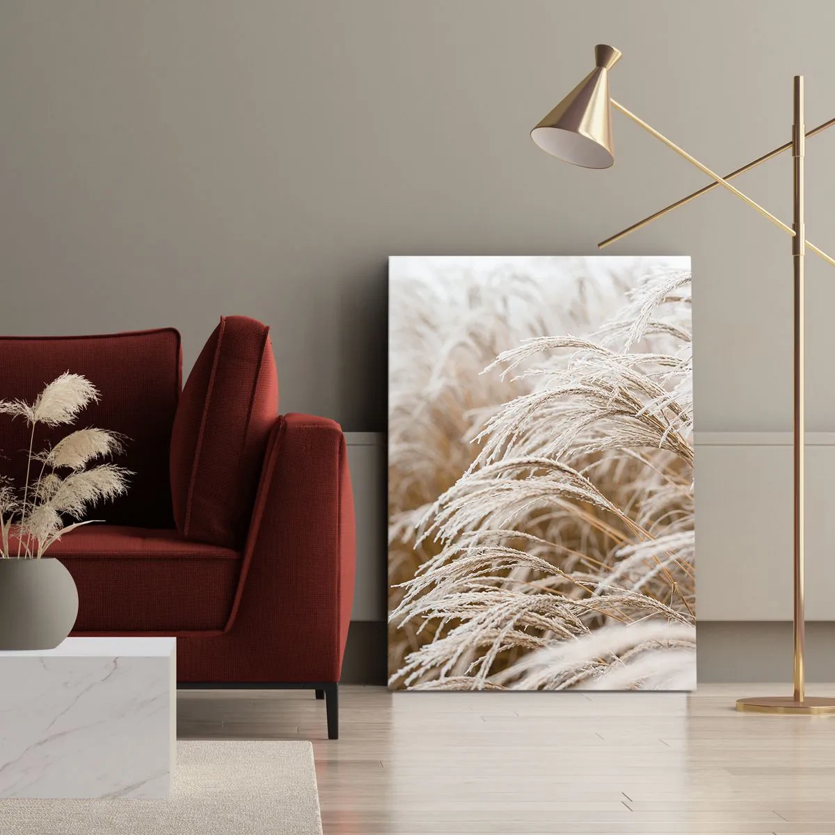 Obraz na płótnie - Suszone trawy pokryte delikatnym szronem w jesiennym świetle - 70x100cm - Pokłon jesiennemu słońcu - Nowoczesna dekoracja ścienna do salonu i sypialni ARTTOR