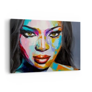 Obraz na płótnie - Kolorowy portret kobiety z intensywnym spojrzeniem - 120x80cm - Nie sposób oderwac oczu - Nowoczesna dekoracja ścienna do salonu, kuchni i sypialni ARTTOR