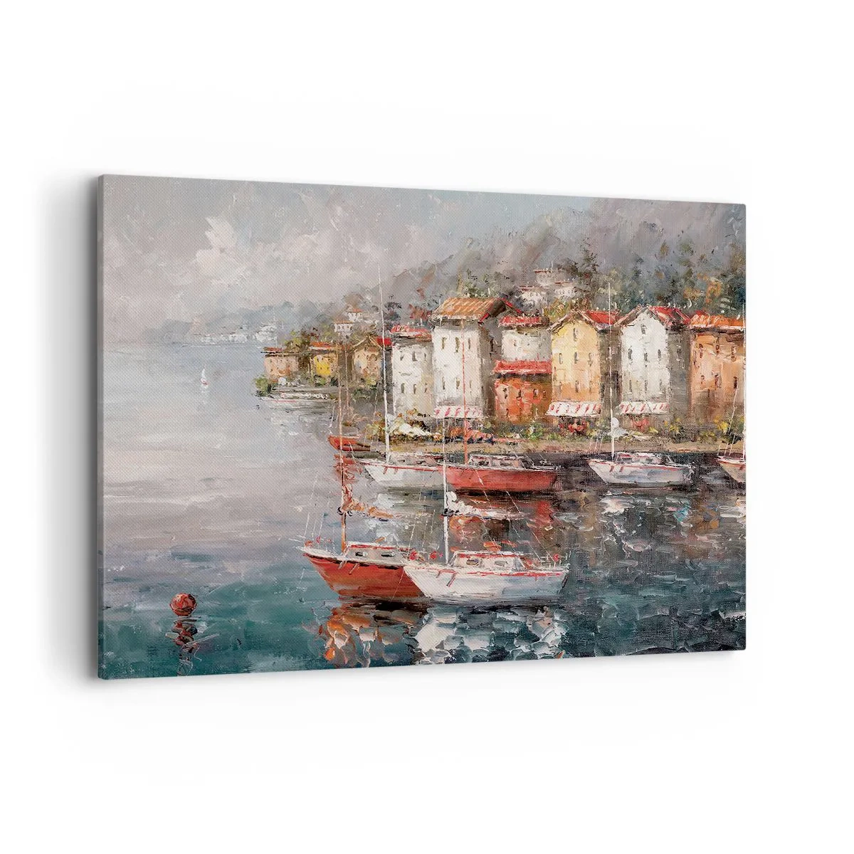 Obraz na płótnie - Nadmorska sceneria z łodziami i kolorowymi domami - 100x70cm - Romantyczna przystań - Nowoczesna dekoracja ścienna do salonu, kuchni i sypialni ARTTOR