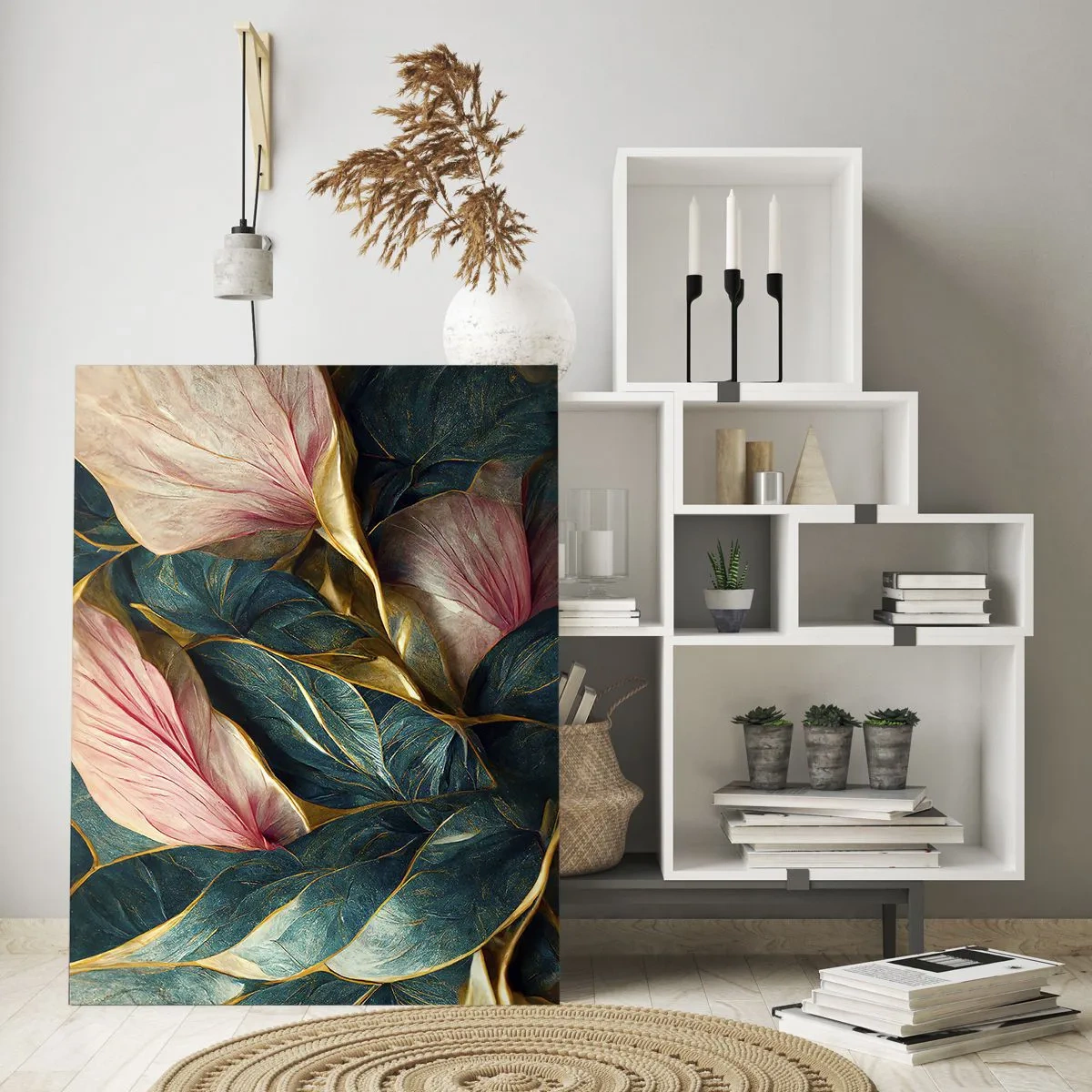 Obraz na szkle - Zielone i różowe liście z akcentami złota - 50x70cm - Naturalna elegancja i styl - Nowoczesna dekoracja ścienna do salonu, kuchni i sypialni ARTTOR