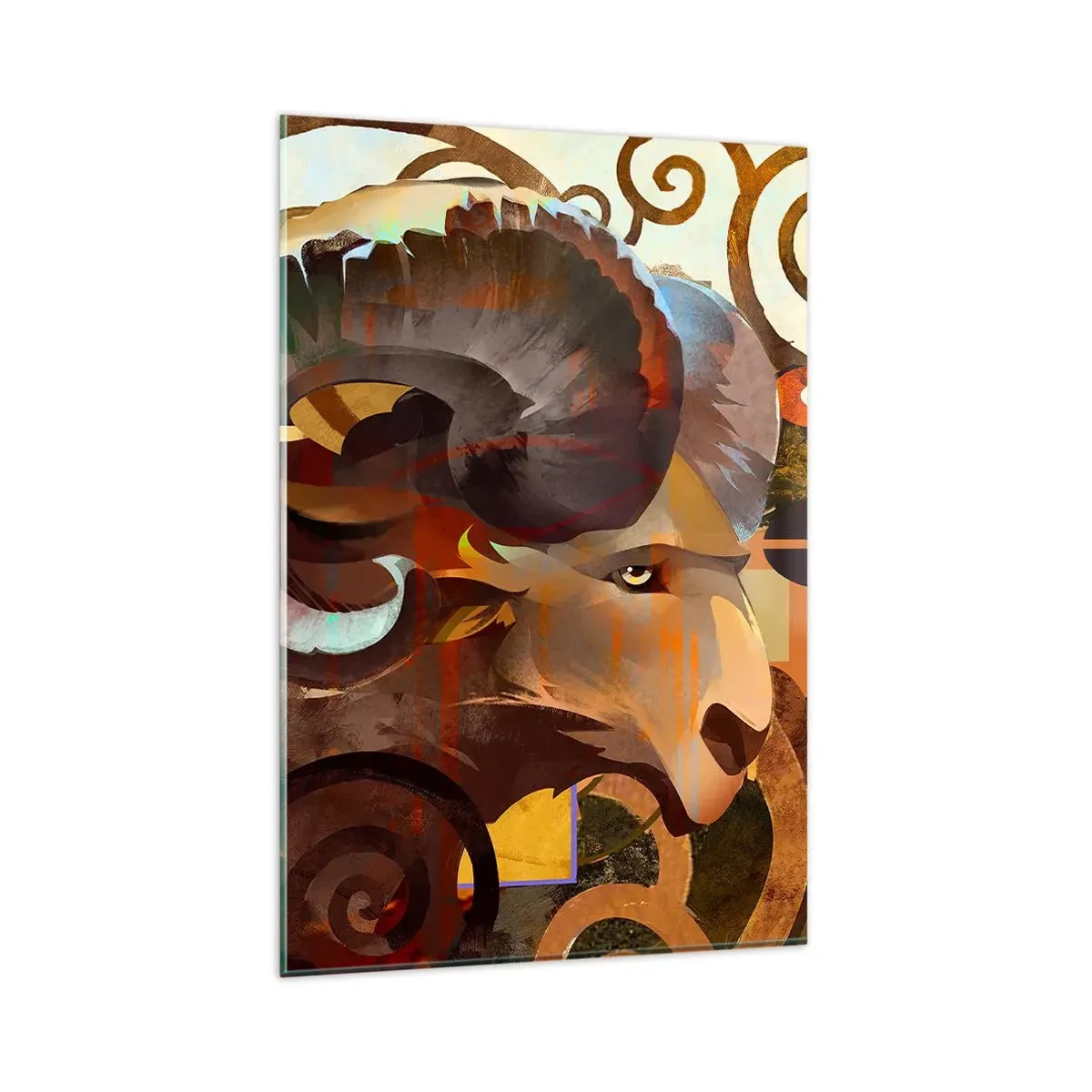 Obraz na szkle - Symboliczny baran w abstrakcyjnej kompozycji - 80x120cm - Magie - religie - rytuały - Nowoczesna dekoracja ścienna do salonu i sypialni ARTTOR