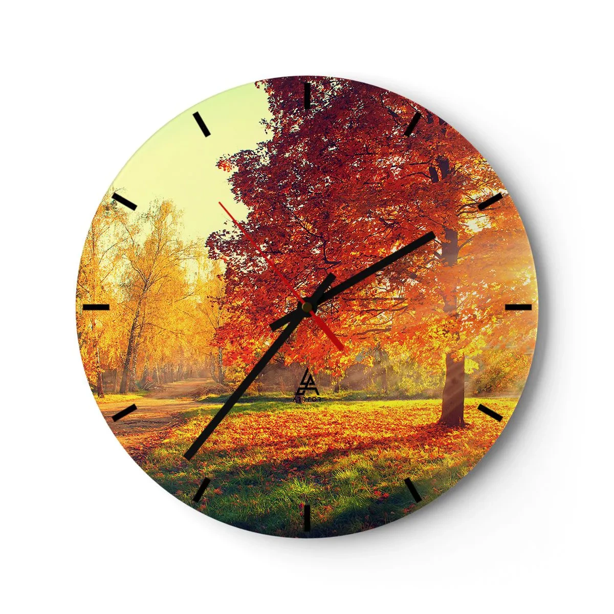 Zegar ścienny - Jesienny krajobraz z drzewem o czerwonych liściach w parku - 30x30cm - Rude jest piękne - Nowoczesna dekoracja ścienna do salonu, kuchni i sypialni ARTTOR