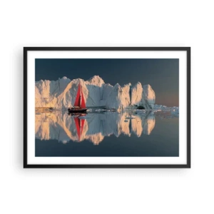 Plakat w czarnej ramie - Żaglówka z czerwonym żaglem na tle lodowca - 70x50cm - Na krańcu świata - Nowoczesna dekoracja ścienna do salonu i sypialni ARTTOR