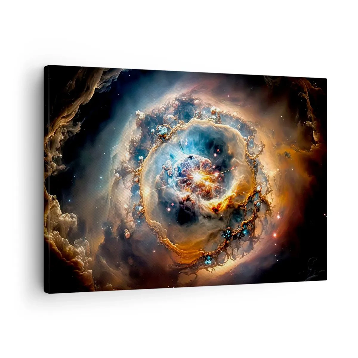 Obraz na płótnie - Abstrakcyjna wizja kosmicznej eksplozji w odcieniach złota i błękitu - 70x50cm - Początek - Nowoczesna dekoracja ścienna do salonu i sypialni ARTTOR