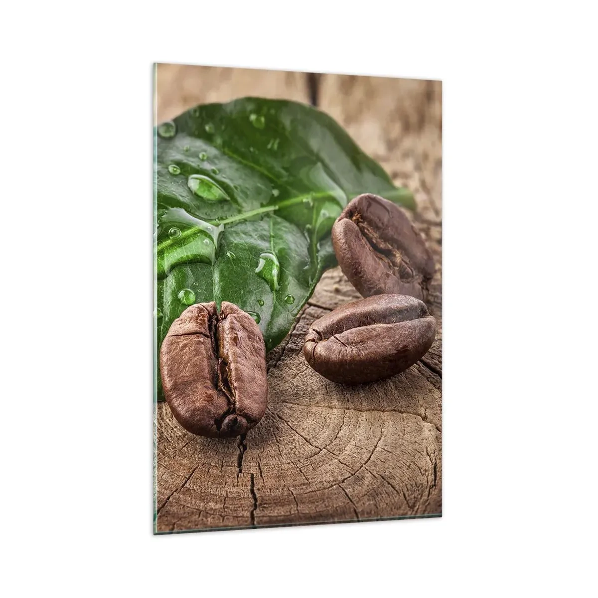 Obraz na szkle - Ziarna kawy i zielony liść na drewnianym tle - 80x120cm - Najprawdziwsza i czarna - Nowoczesna dekoracja ścienna do salonu i sypialni ARTTOR
