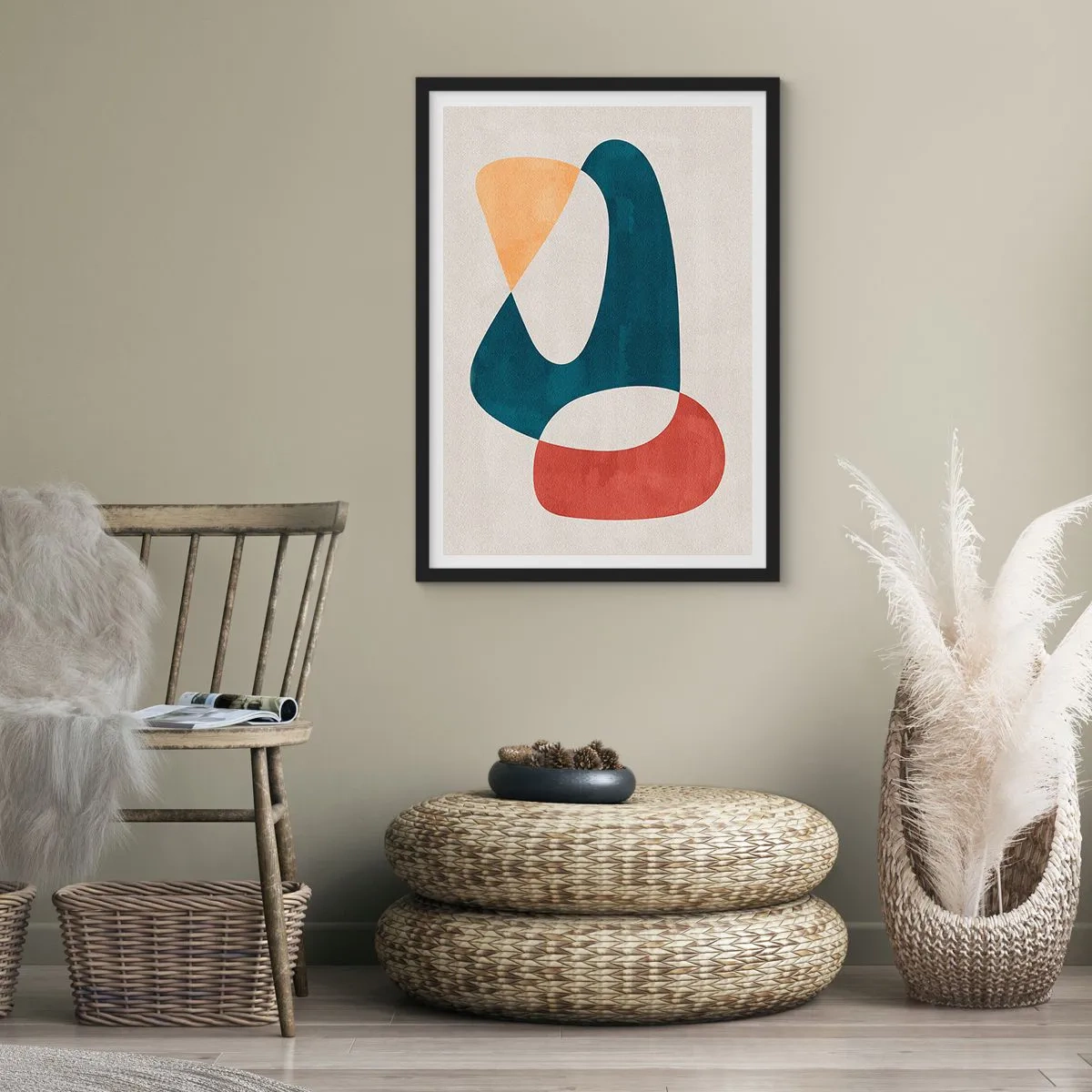 Plakat w czarnej ramie - Abstrakcyjna kompozycja geometrycznych kształtów w ciepłych barwach - 50x70cm - Wpływy i metamorfozy - Nowoczesna dekoracja ścienna do salonu i sypialni ARTTOR