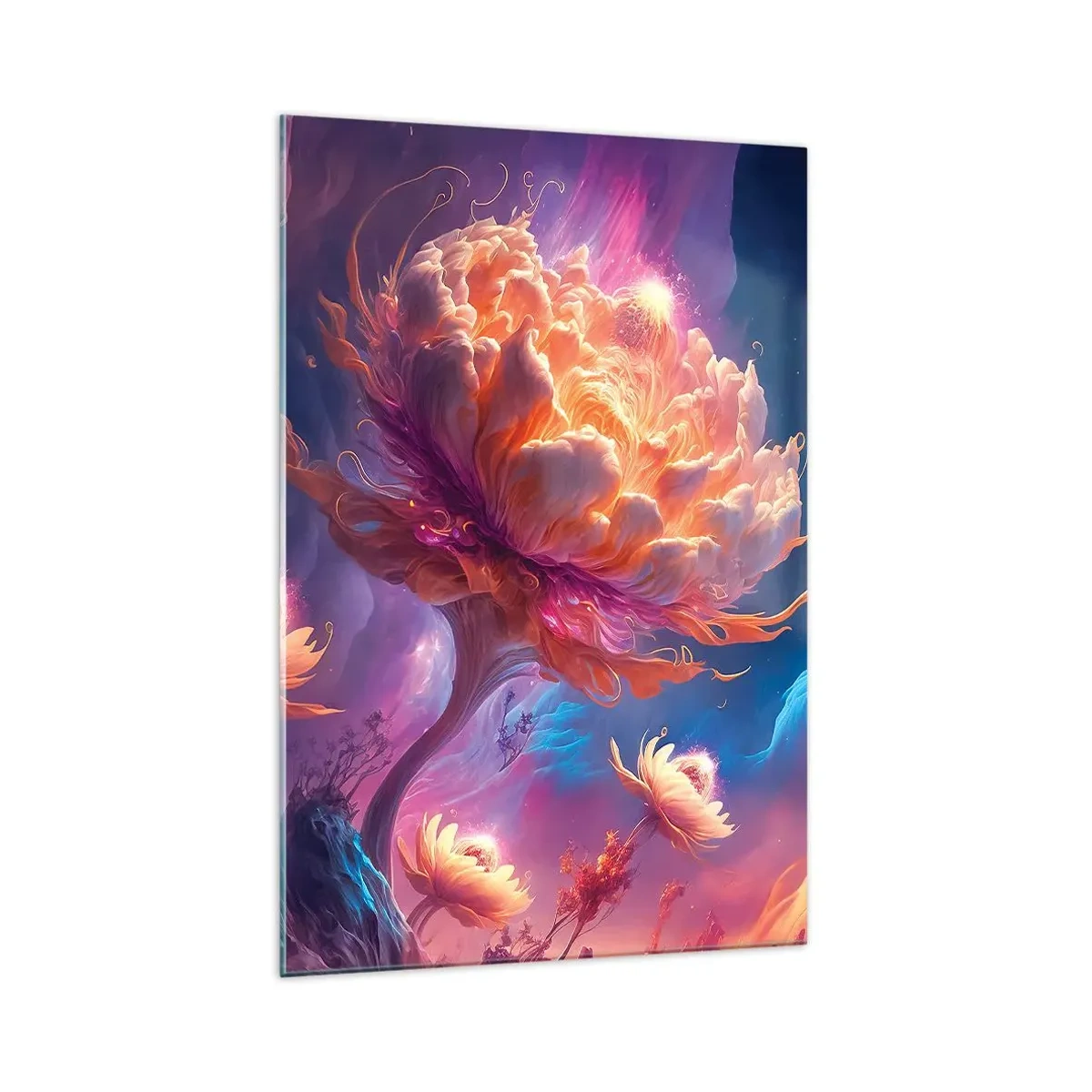 Obraz na szkle - Fantazyjne kwiaty w kosmicznym krajobrazie - 70x100cm - Inny świat - Nowoczesna dekoracja ścienna do salonu i sypialni ARTTOR