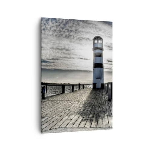 Obraz na płótnie - Latarnia morska na drewnianym pomoście z widokiem na morze. - 70x100cm - Żeglarze, czekam na was - Nowoczesna dekoracja ścienna do salonu i sypialni ARTTOR
