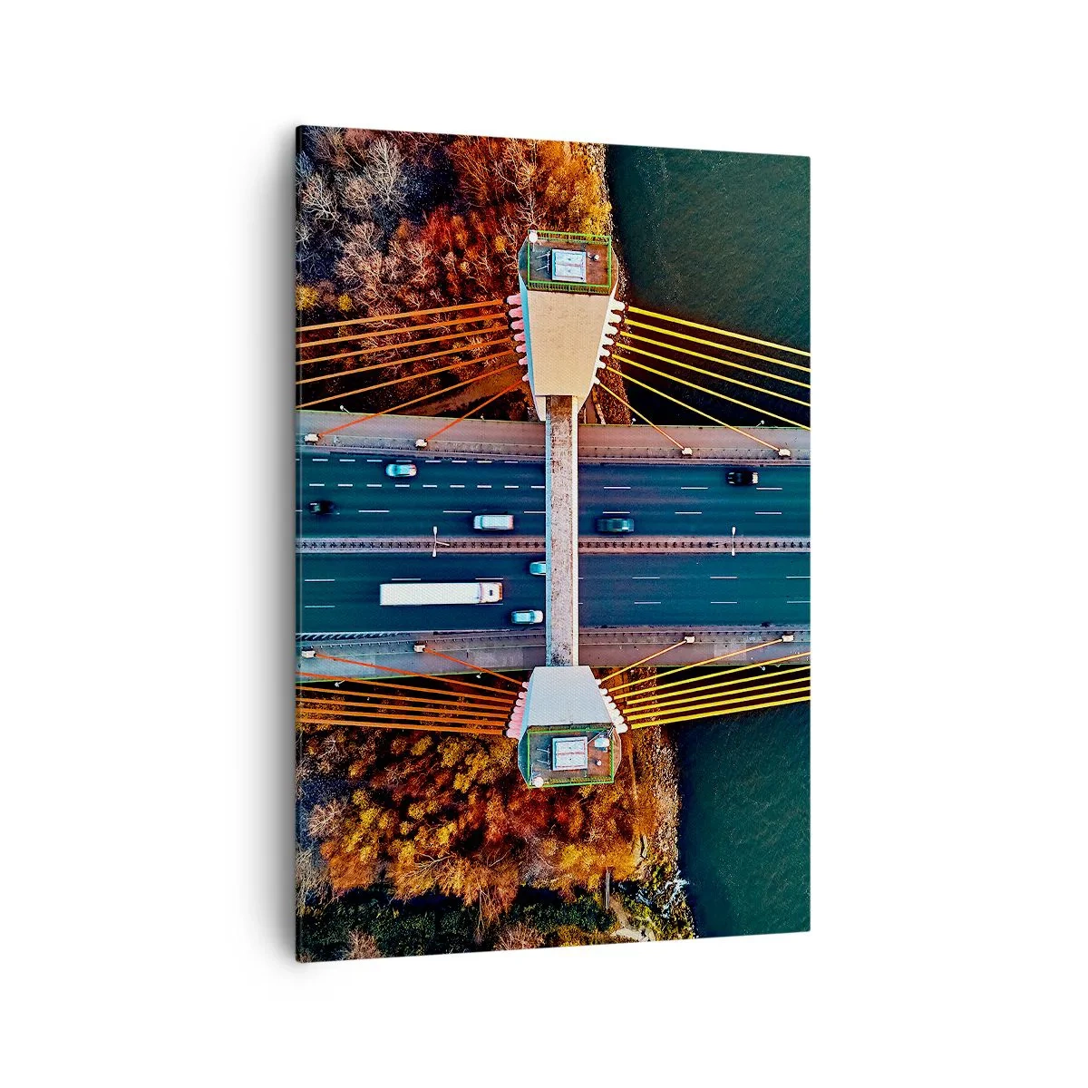Obraz na płótnie - Most widziany z lotu ptaka nad rzeką i jesiennym krajobrazem - 70x100cm - ZA wodami, za lasami - Nowoczesna dekoracja ścienna do salonu i sypialni ARTTOR