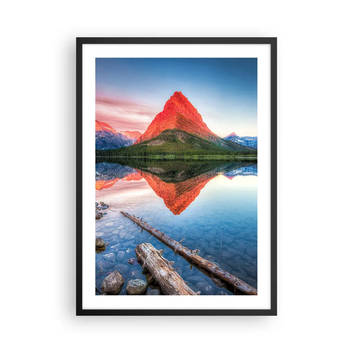 Plakat w czarnej ramie - Góra odbijająca się w spokojnym jeziorze - 50x70cm - Żar i chłód - Nowoczesna dekoracja ścienna do salonu i sypialni ARTTOR