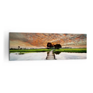 Obraz na płótnie - Drewniany mostek nad wodą o zachodzie słońca - 160x50cm - Rozłóż ramiona - oddychaj  - Nowoczesna dekoracja ścienna do salonu i sypialni ARTTOR