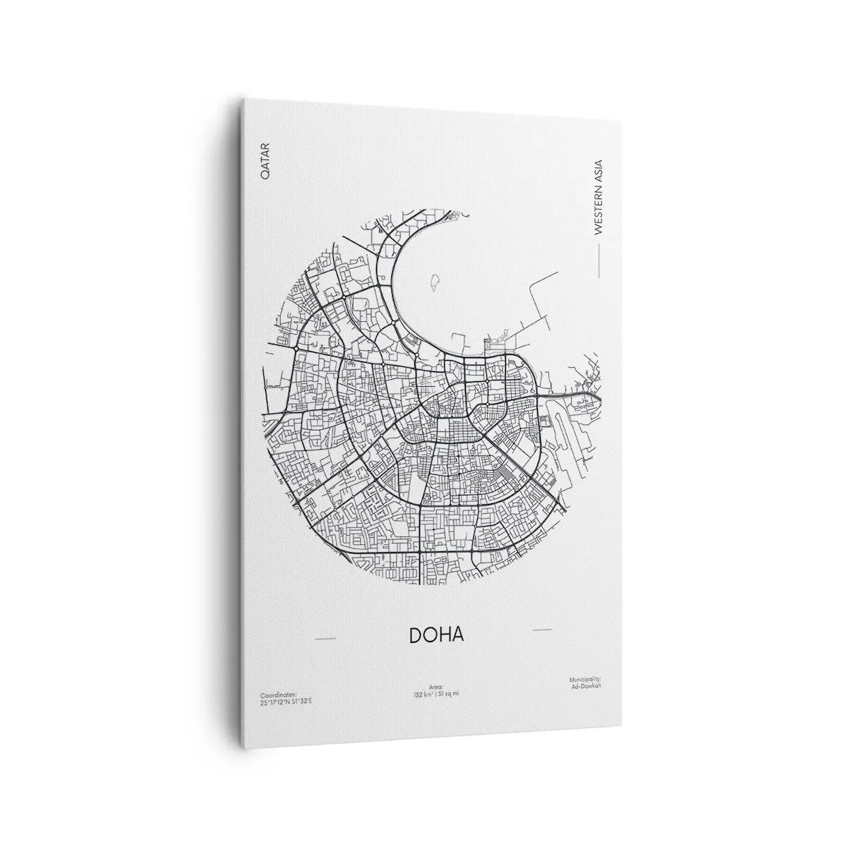 Obraz na płótnie - Minimalistyczna mapa Dohy w czarno-białej kolorystyce z precyzyjnymi detalami - 80x120cm - Anatomia Dohy - Nowoczesna dekoracja ścienna do salonu i sypialni ARTTOR