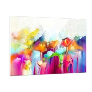 Obraz na szkle - Abstrakcyjne kwiaty w intensywnych, tęczowych barwach - 120x80cm - Tęcza zakwitła - Nowoczesna dekoracja ścienna do salonu, kuchni i sypialni ARTTOR