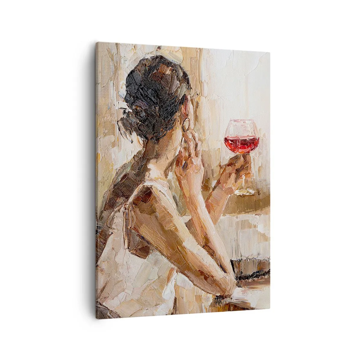 Obraz na płótnie - Kobieta trzymająca kieliszek czerwonego wina w impresjonistycznym stylu - 50x70cm - Smak dobrej chwili - Nowoczesna dekoracja ścienna do salonu, kuchni i sypialni ARTTOR
