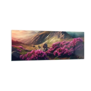 Obraz na szkle - Górski krajobraz z kwitnącymi rododendronami - 140x50cm - Lato w górach - Nowoczesna dekoracja ścienna do salonu i sypialni ARTTOR