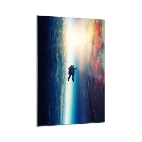Obraz na szkle - Astronauta unoszący się w kosmosie nad kolorową Ziemią - 70x100cm - Mierzyć się ze wszechświatem - Nowoczesna dekoracja ścienna do salonu i sypialni ARTTOR