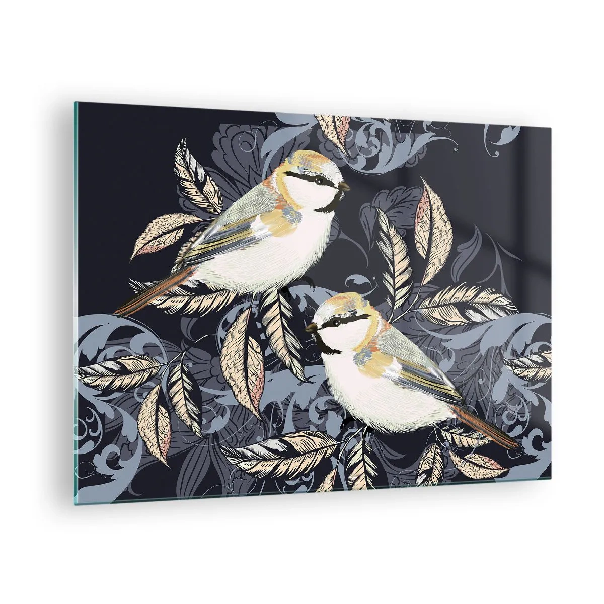 Obraz na szkle - Ilustracja dwóch ptaków na ciemnym tle z ornamentami - 70x50cm - Żółto-błękitny trel - Nowoczesna dekoracja ścienna do salonu i sypialni ARTTOR