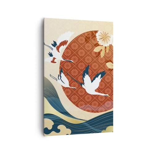 Obraz na płótnie - Japońska kompozycja z żurawiami i falami - 80x120cm - Japońska baśń - Nowoczesna dekoracja ścienna do salonu i sypialni ARTTOR