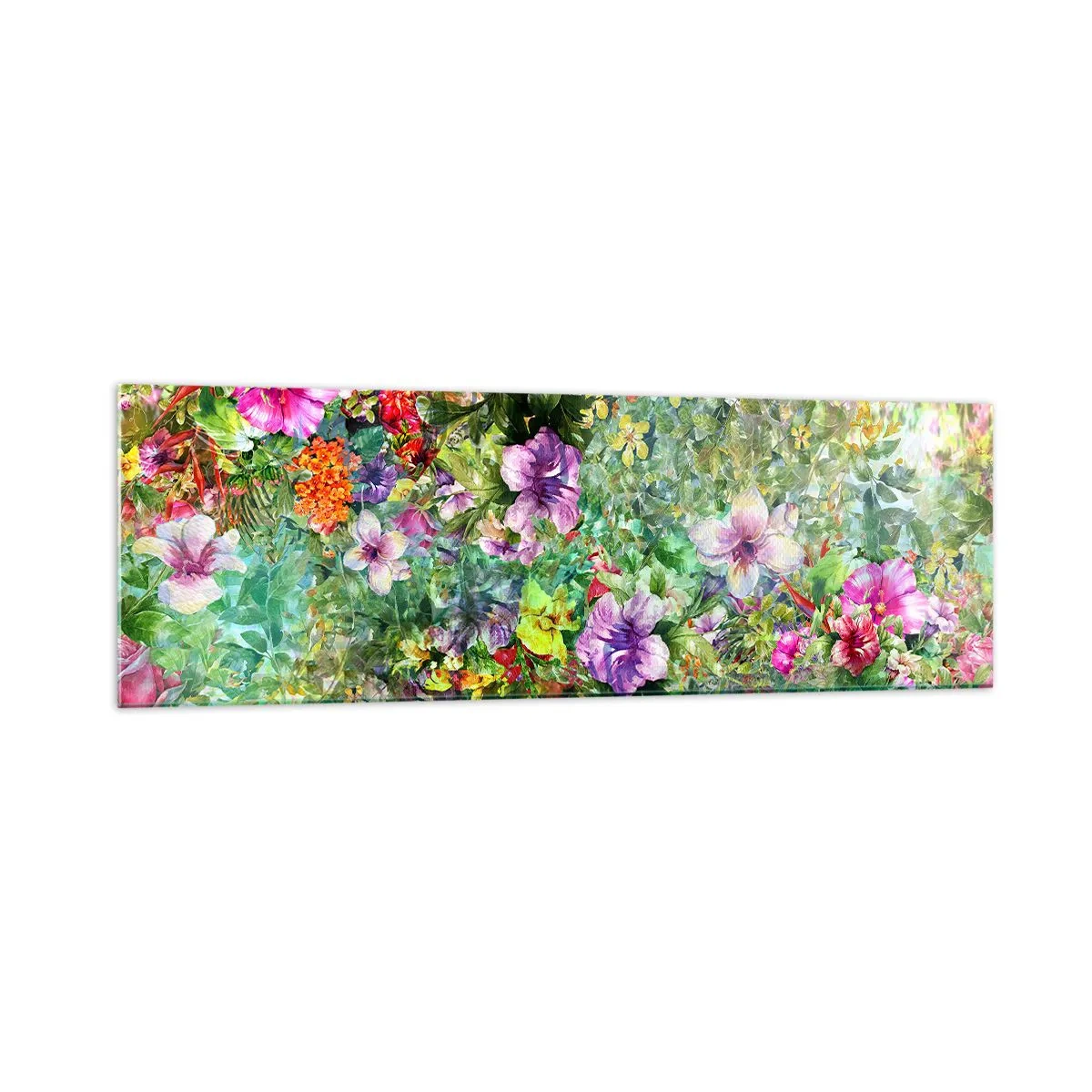 Obraz na szkle - Kolorowa kompozycja kwiatów na zielonym tle - 160x50cm - W kwiaty na zatracenie - Nowoczesna dekoracja ścienna do salonu i sypialni ARTTOR