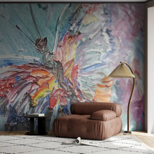 Fototapeta Premium Canvas - Kolorowy motyl w stylu impasto na pastelowym tle - 100x70cm - Pomalowany przez naturę - Nowoczesna dekoracja ścienna do salonu i sypialni ARTTOR