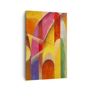 Obraz na płótnie - Abstrakcyjna kompozycja pełna kolorowych form geometrycznych - 80x120cm - Katedra słońca - Nowoczesna dekoracja ścienna do salonu i sypialni ARTTOR