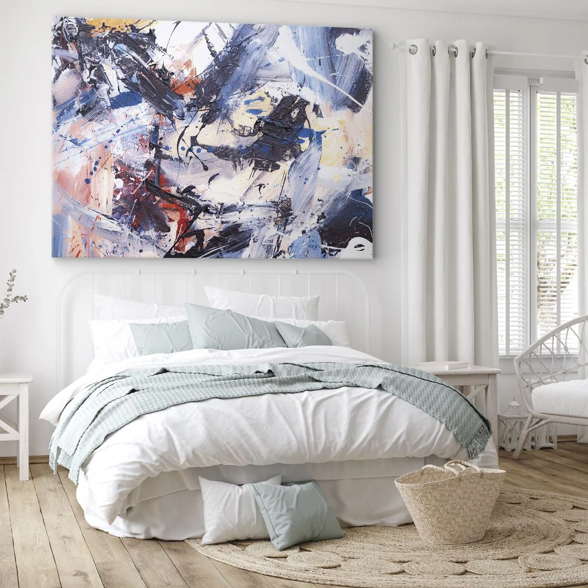 Obraz na płótnie - Abstrakcja z dynamicznymi pociągnięciami pędzla w kolorach błękitu i czerwieni - 120x80cm - Szalony taniec abstrakcji - Nowoczesna dekoracja ścienna do salonu, kuchni i sypialni ARTTOR