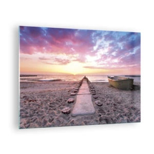 Obraz na szkle - Plaża o zachodzie słońca z łodzią i pomostem - 70x50cm - Chwila głębokiego przeżycia - Nowoczesna dekoracja ścienna do salonu i sypialni ARTTOR