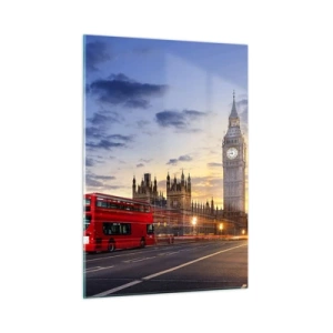Obraz na szkle - Big Ben i czerwony autobus w Londynie o zachodzie słońca - 50x70cm - Znaki szczególne - Nowoczesna dekoracja ścienna do salonu, kuchni i sypialni ARTTOR