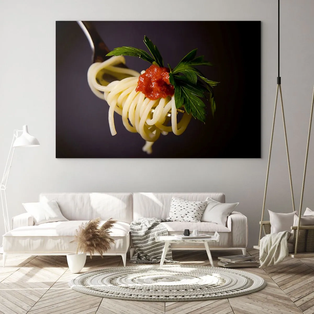 Obraz na szkle - Makaron spaghetti na widelcu z sosem pomidorowym - 70x50cm - Smakowity kęs - Nowoczesna dekoracja ścienna do salonu i sypialni ARTTOR
