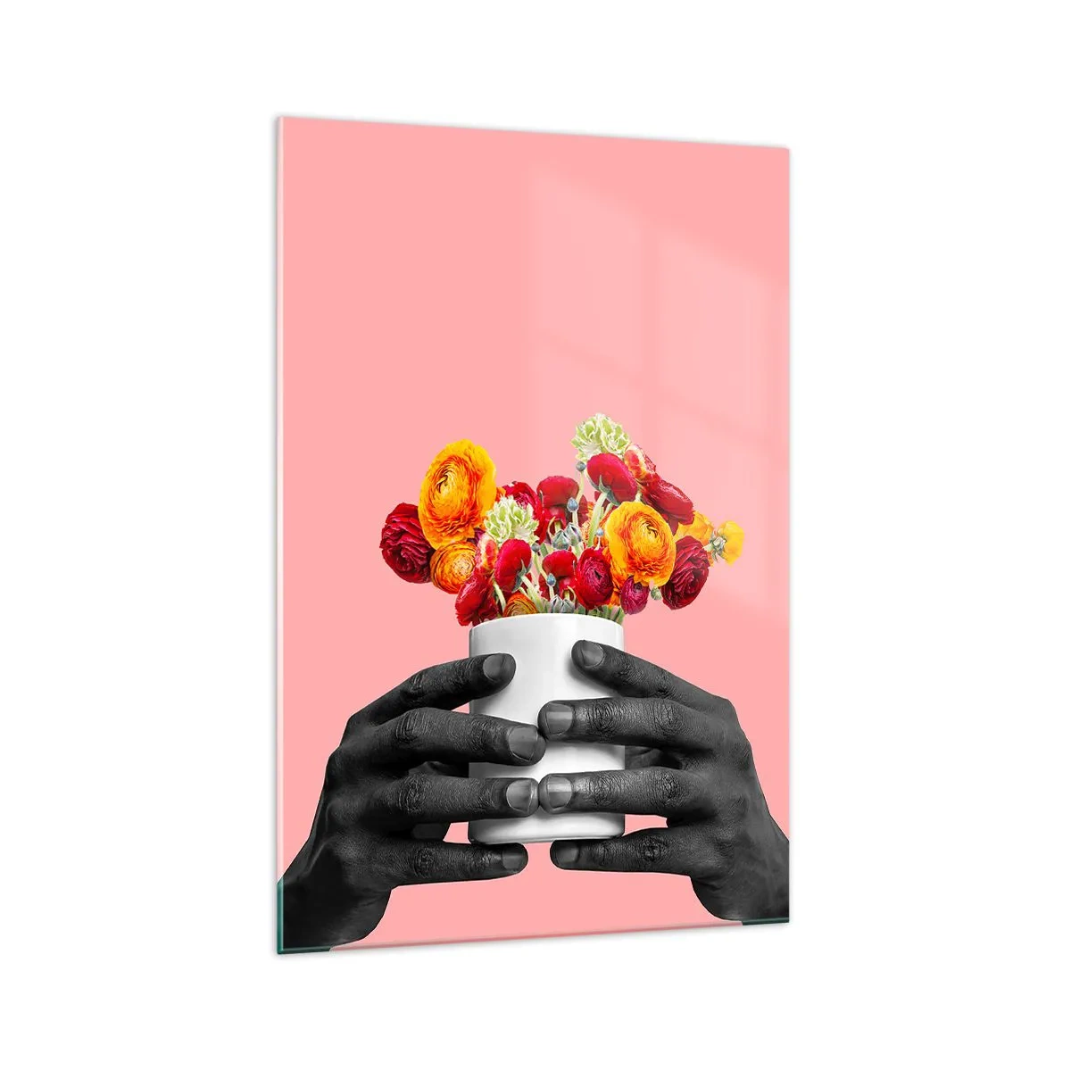 Obraz na szkle - Dłonie trzymające bukiet kolorowych kwiatów - 70x100cm - Apoteoza życia - Nowoczesna dekoracja ścienna do salonu i sypialni ARTTOR