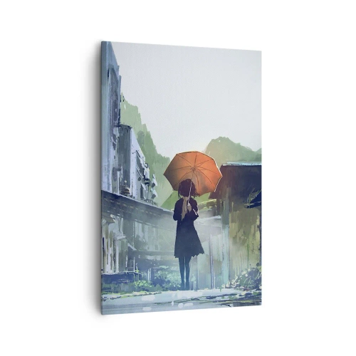 Obraz na płótnie - Postać z parasolem w deszczowym mieście - 80x120cm - Ożywczy deszcz - Nowoczesna dekoracja ścienna do salonu i sypialni ARTTOR
